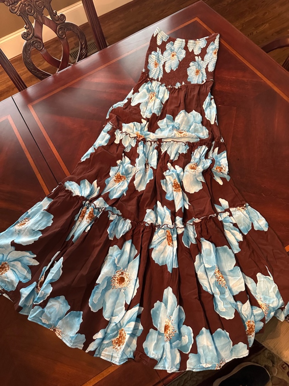 Strapless Floral Maxi Dress in Brown and Light Blue - Picture 2 of 3
